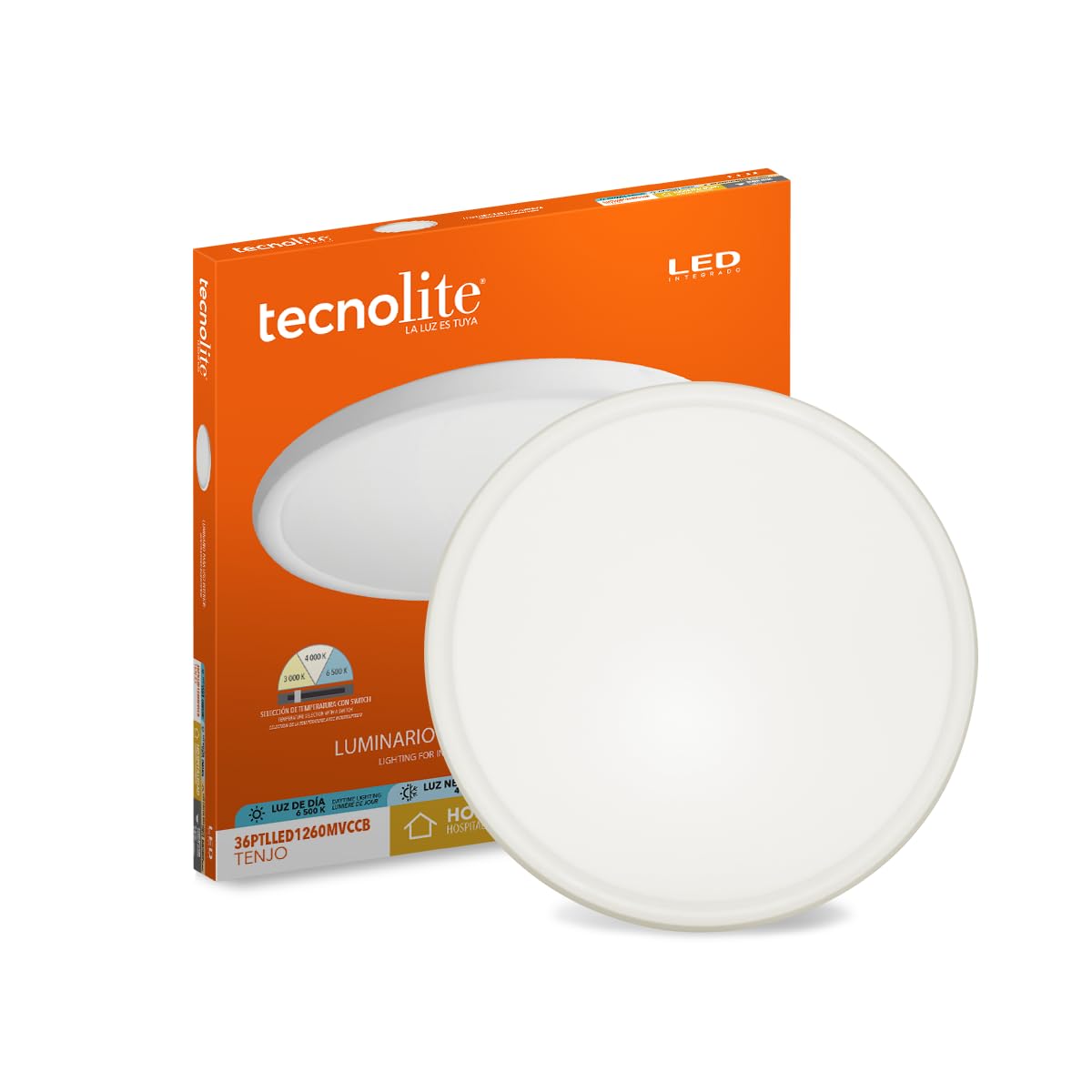 Tecnolite - Lámpara de Techo Plafón LED 36 W, Luz Blanca Ajustable con Aro de Luz, No atenuable