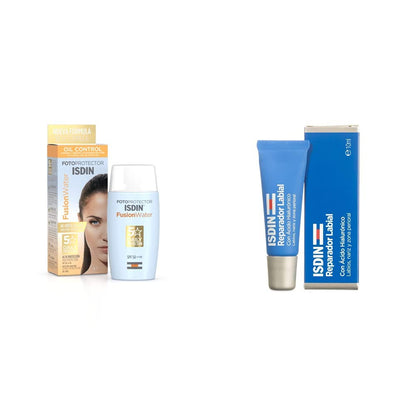 ISDIN Fotoprotector Fusion Water SPF 50, Protector Solar Facial de fase acuosa para uso diario, Textura ultra ligera, 50 ml + reparador labial fluido con acido hialuronico. protege y repara los labios