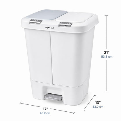 Bote de basura doble de 40 l, tapa de cierre lento con cubos extraíbles, color blanco