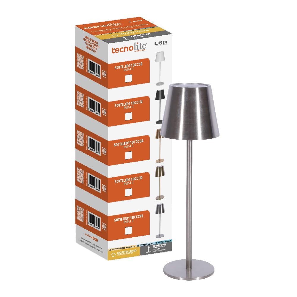 Tecnolite - Lámpara de Mesa LED 5 W Portátil, Recargable, Luz Blanca Ajustable y Atenuable Táctil, Lámpara Interior para Restaurante