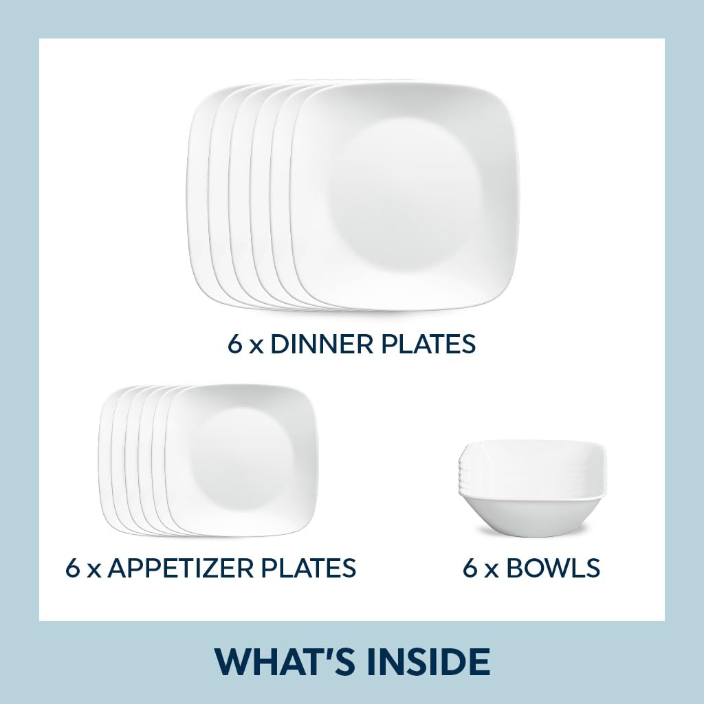 Corelle Vitrelle - Juego de vajilla cuadrada de 18 piezas de 18 piezas de servicio para 6 vajillas cuadradas de triple capa resistente a vidrio y astillas, juego de platos y cuencos cuadrados ligeros