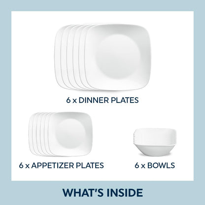 Corelle Vitrelle - Juego de vajilla cuadrada de 18 piezas de 18 piezas de servicio para 6 vajillas cuadradas de triple capa resistente a vidrio y astillas, juego de platos y cuencos cuadrados ligeros
