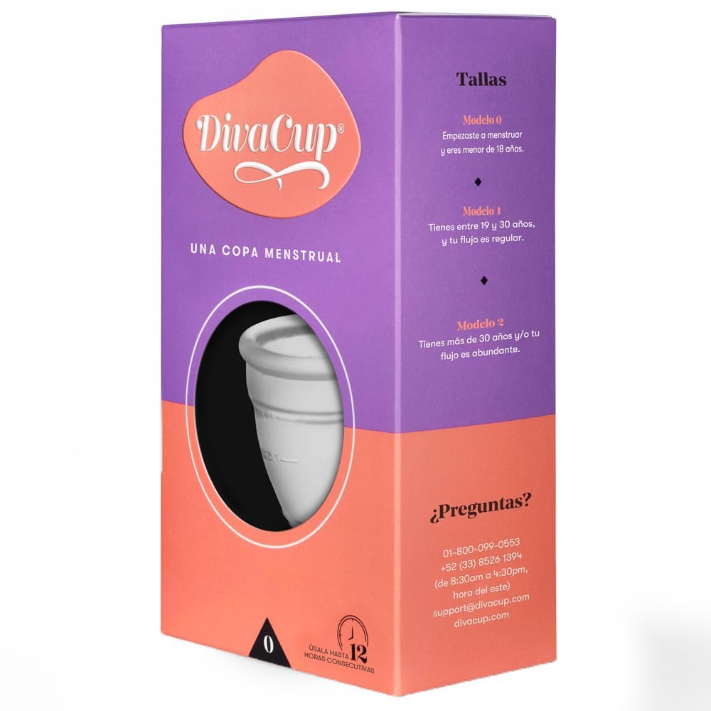 DivaCup Copa Menstrual Reutilizable Modelo 0 – 100% Silicona Médica, Hasta 12 Horas de Protección, Sin BPA ni Látex, Ecológica y Cómoda para Uso Diario