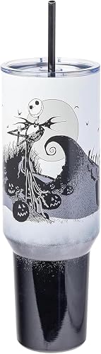 Silver Buffalo Disney Nightmare Before Christmas by Tim Burton Jack Skellington Hill and Moon Vaso de acero inoxidable con mango y popote, se adapta a portavasos estándar, 40 onzas