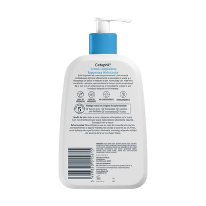 Cetaphil Crema Limpiadora Espumosa Hidratante Facial Rostro Sensible 473 ml | Con niacinamida B3, pantenol, glicerina, aloe vera y aminoácidos; limpia sin resecar, mantiene barrera, pH y microbioma sano.
