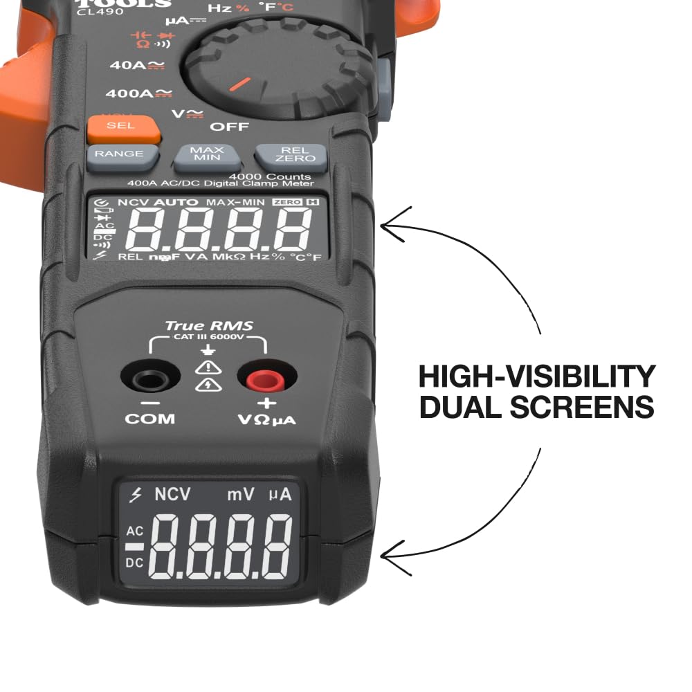 KLEIN TOOLS CL490 | Multímetro Digital | TRMS | Pantalla Dual | Multimetro digital TRMS con pantalla dual, ideal para medir corriente, voltaje y temperatura de forma fácil y clara.