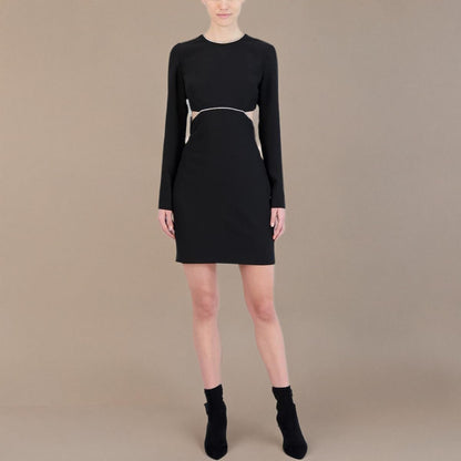 BCBGMAXAZRIA Vestido Corto Ajustado de cóctel de Manga Larga con Cuello Redondo y Diamantes de imitación recortados en la Espalda Vestido Mujer