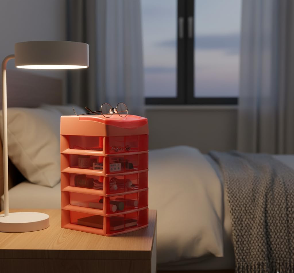 Italhome Cajonera de Plástico Sesia Salmon, Mini Organizador de Escritorio Multiusos con 5 Cajones Transparentes