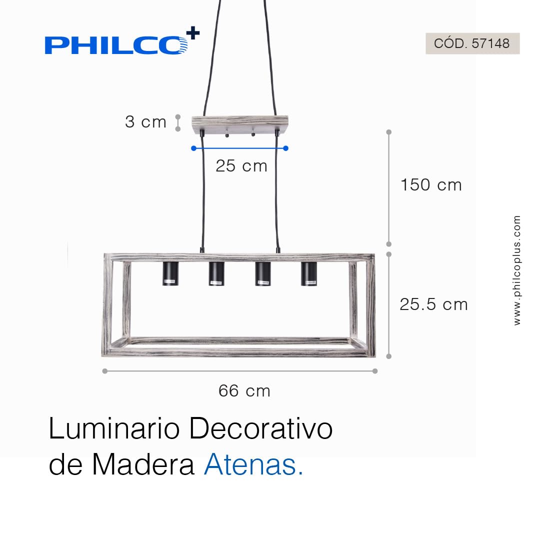 Philco Luminario Decorativo de Madera Atenas. 4 bases E26, base de suspensión de madera, terminado en color negro, diselo único que transmite calidez