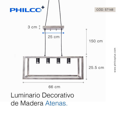 Philco Luminario Decorativo de Madera Atenas. 4 bases E26, base de suspensión de madera, terminado en color negro, diselo único que transmite calidez