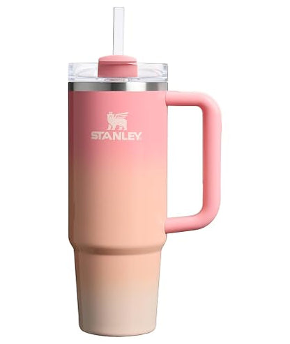 STANLEY - Vaso con asa y popote de 30 onzas, tapa Flowstate de 3 posiciones, compatible para viajes, taza de acero inoxidable aislada, sin BPA, puesta de sol de mesa rosa
