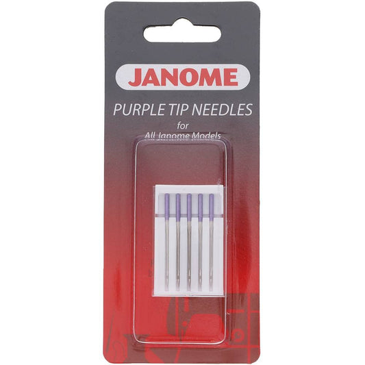 Agujas Janome Punta Morada para Máquina de Coser, Tamaño 90/14 – 5 Piezas, Ideales para Telas Elásticas y Capas de Edredón