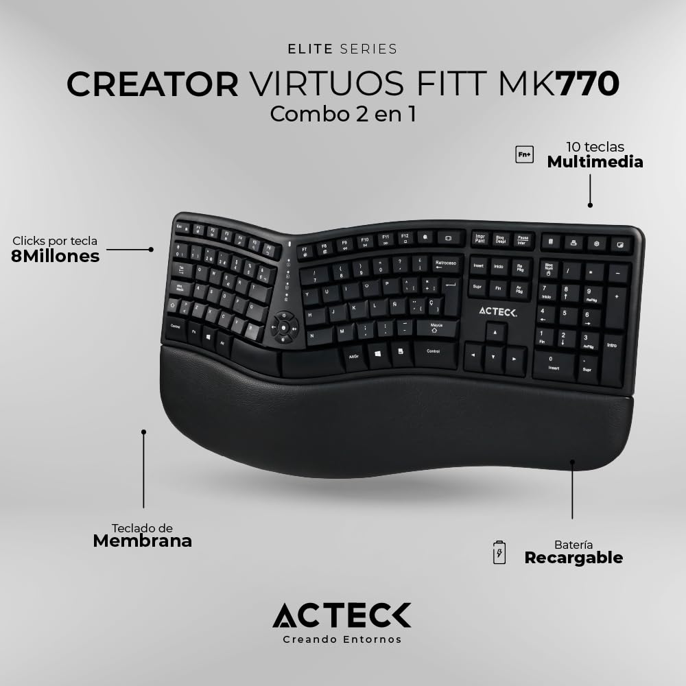 Acteck Kit Teclado y Mouse VIRTUOS Fitt MK770 Inalambrico USB-C Negro AC-936248
