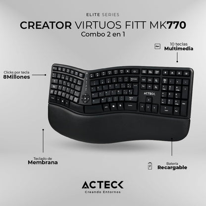 Acteck Kit Teclado y Mouse VIRTUOS Fitt MK770 Inalambrico USB-C Negro AC-936248