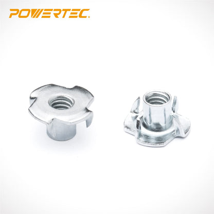 POWERTEC - Tuercas de 1/4-20 T, 50 piezas | Tuercas en T de 4 puntas para pernos y ruedas de vástago, insertos roscados para trabajar en madera, soportes para escalada en roca y muebles, para uso con