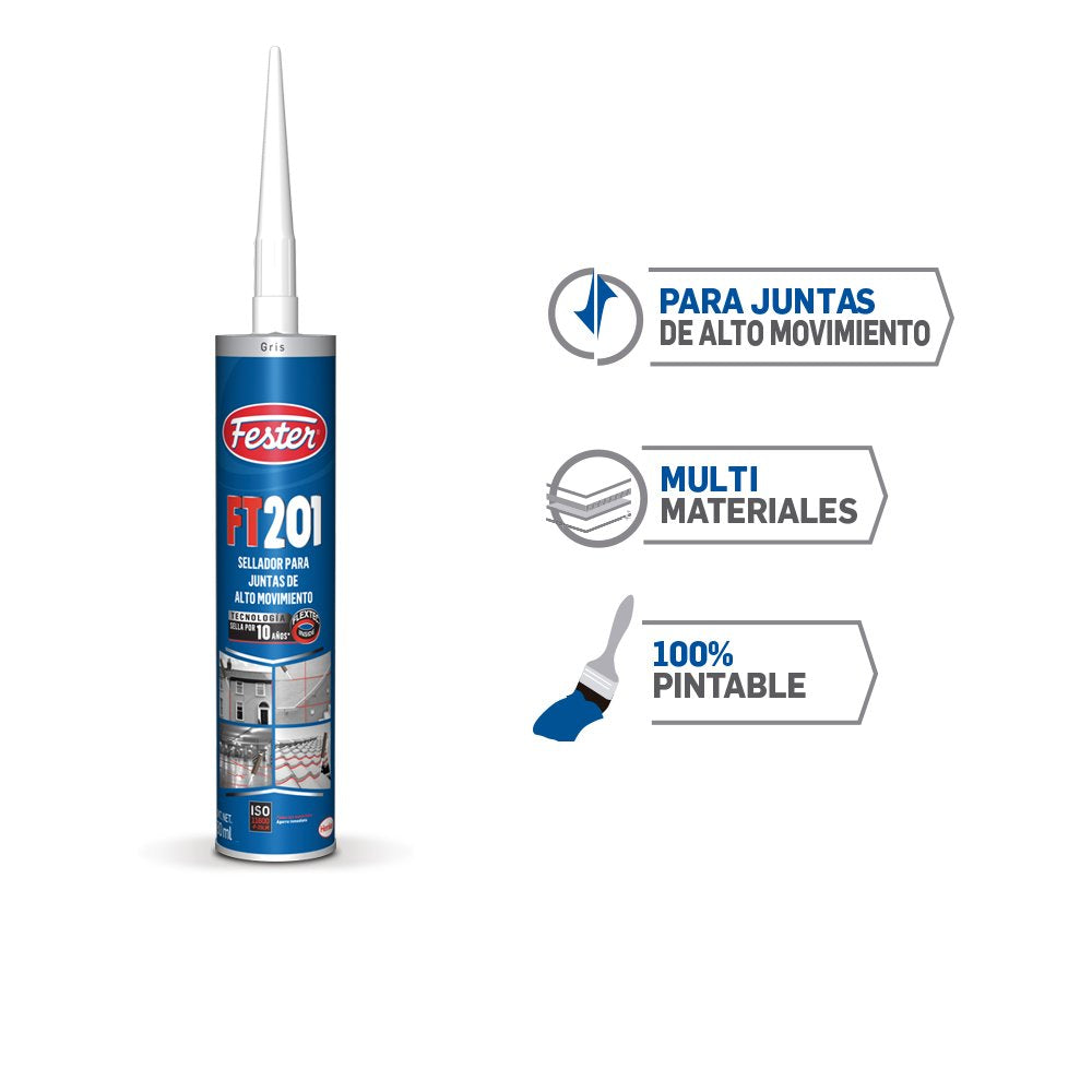 Fester Sellador y Adhesivo FT-201 para Juntas de Alto Movimiento en Fachadas y Pisos 280ml, Elástico con Resistencia al Exterior, Fácil de Aplicar, No Tóxico, Gris