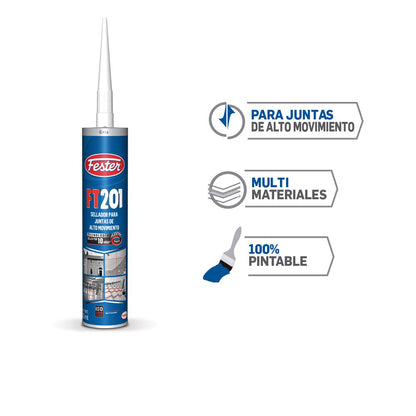 Fester Sellador y Adhesivo FT-201 para Juntas de Alto Movimiento en Fachadas y Pisos 280ml, Elástico con Resistencia al Exterior, Fácil de Aplicar, No Tóxico, Gris