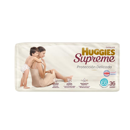 Pañal Huggies Supreme, unisex con 36 pzs, etapa 6, para bebés de 13.5 kg en adelante. Único clinica y dermatologicamente probado