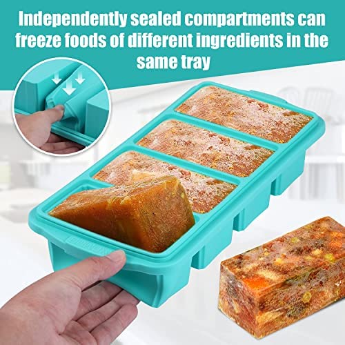 Bandeja de congelación de silicona con tapa, bandeja grande para cubitos de hielo antiadherente con 4 compartimentos para almacenar y congelar sopas, caldos, salsas y dietas líquidas, apta para horno