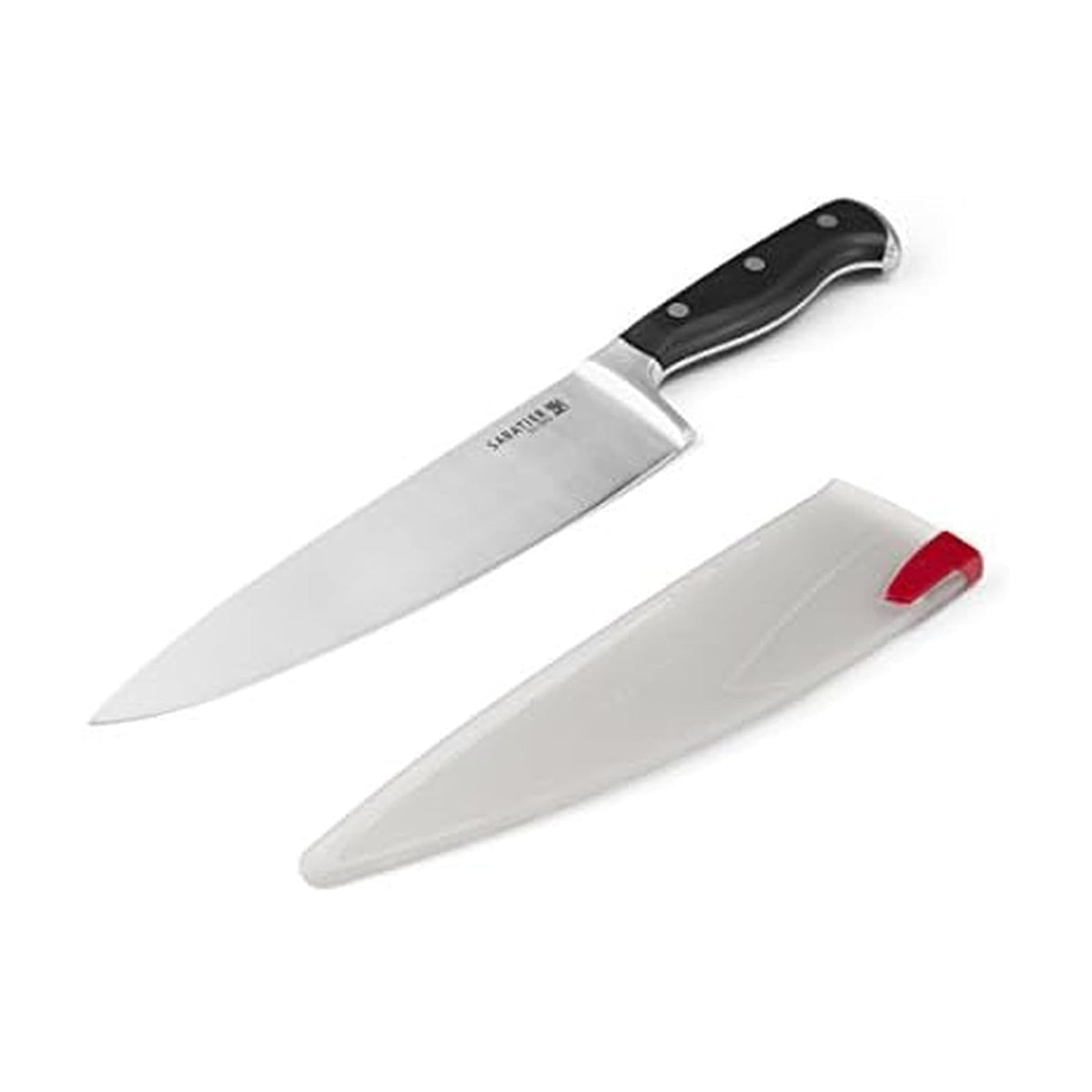 Sabatier - Cuchillo Santoku de acero inoxidable forjado con vaina de afilado automático EdgeKeeper, Cuchillo de chef, 8", Negro, 1 pieza, 1