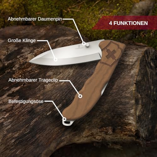 Victorinox Navaja Evoke Wood, 4 Usos, Madera | Báscula duradera de madera de nogal, tachuela extraíble, clip de transporte integrado y agujero de cordón para aventuras