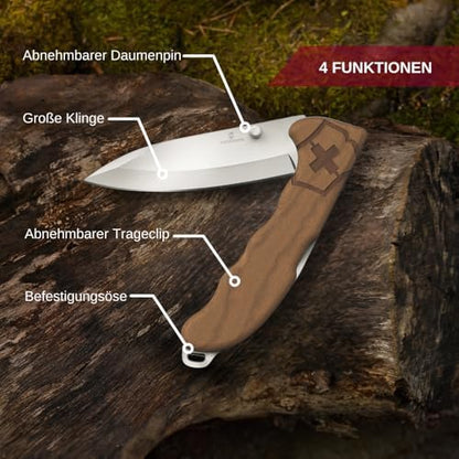 Victorinox Navaja Evoke Wood, 4 Usos, Madera | Báscula duradera de madera de nogal, tachuela extraíble, clip de transporte integrado y agujero de cordón para aventuras