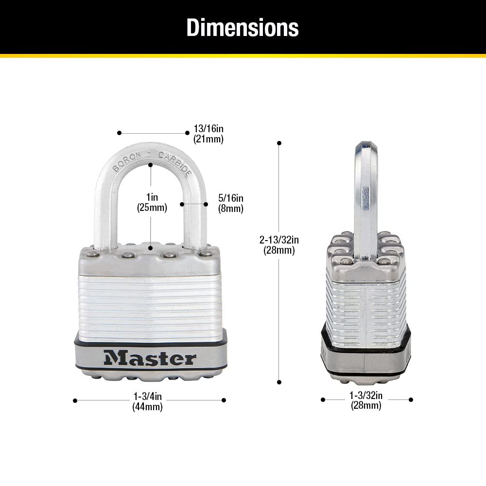 Master Lock M1XKADCCSEN Magnum Candado laminado, 4.45 cm de ancho, acero de 0.8 cm, 2.54 cm de distancia al grillete, Paquete de 1, 1-Inch Shackle, Acero
