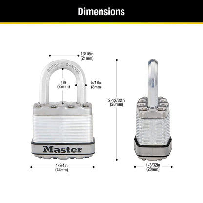 Master Lock M1XKADCCSEN Magnum Candado laminado, 4.45 cm de ancho, acero de 0.8 cm, 2.54 cm de distancia al grillete, Paquete de 1, 1-Inch Shackle, Acero