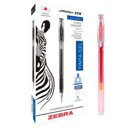 Zebra J-Roller RX Bolígrafo Rollerball de Tinta Gel, Punto Medio, Caja con 6 - Rojo