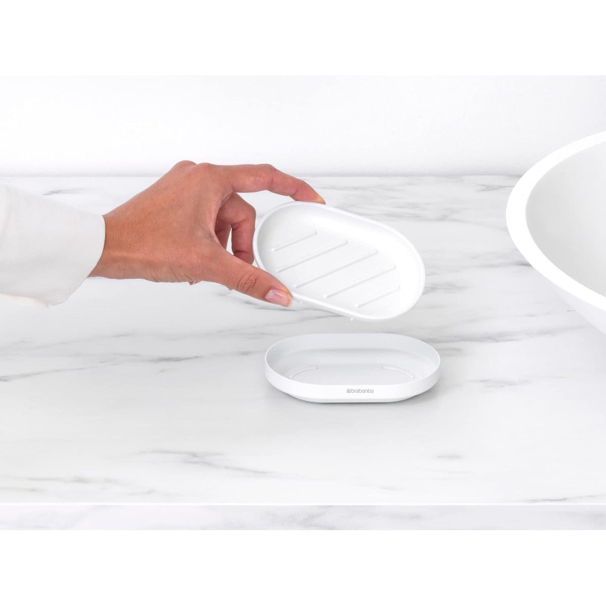 Brabantia Mindset Jabonera (mineral blanco fresco) de metal antioxidante, soporte antideslizante para bandeja de jabón para baño, ducha, fregadero de cocina