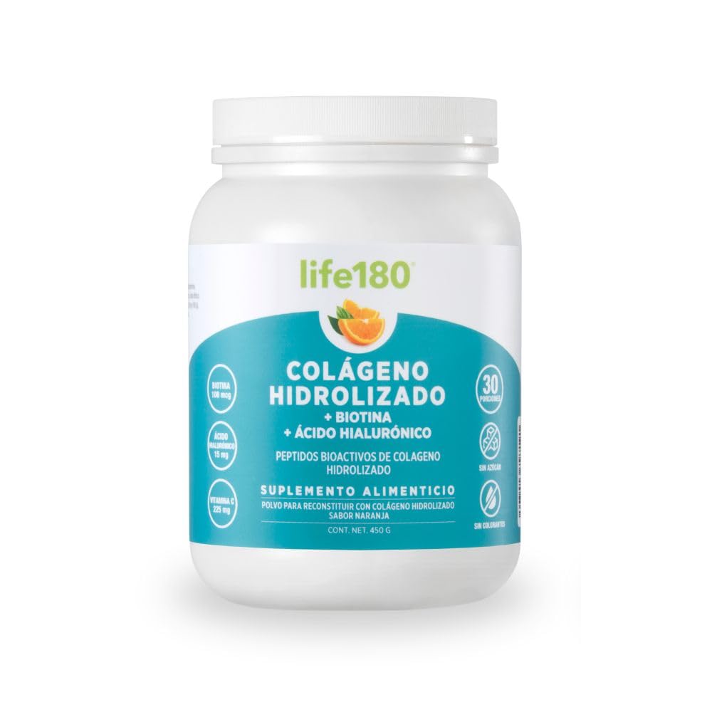 Life180 Colágeno Hidrolizado con Biotina y Vitamina E Sabor Naranja, Pack de 2 - 5 g Plus - 450 g (Paquete de 1)