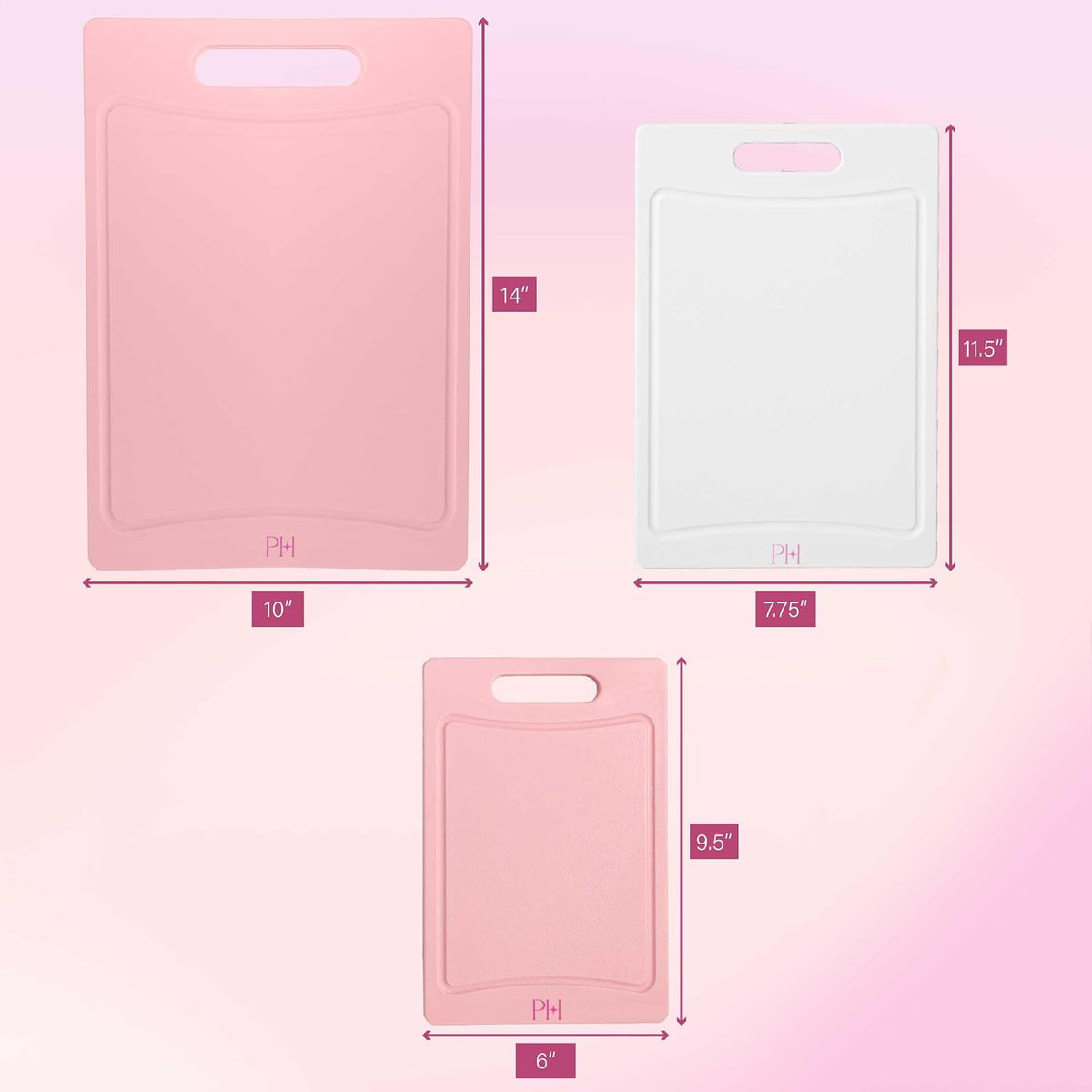 Paris Hilton - Juego de tablas de cortar de doble cara con ranuras de jugo integradas, asas de fácil agarre, plástico resistente hecho sin BPA, apto para lavaplatos, juego de 3 piezas, rosa y crema