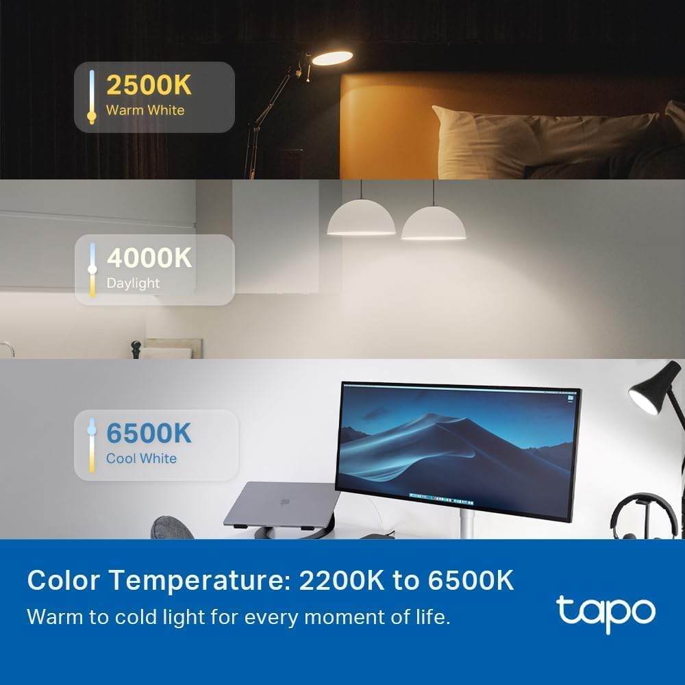 Tapo - Bombillas inteligentes de 1100 lúmenes (equivalente a 75 W), certificado Matter, foco WiFi de 16 M colores, regulable, funciona con Siri, Alexa y Google Home, A19 E26 (4 Pack)
