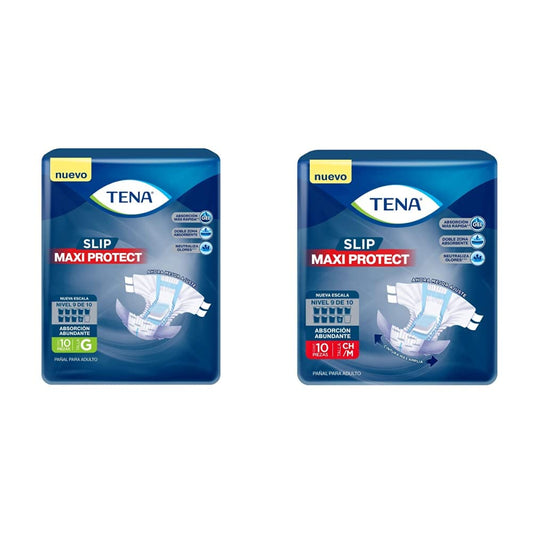 TENA Slip Maxi Protect; Protector Anatómico para Incontinencia, Talla Grande; TENA; 10 Piezas + TENA Slip Maxi Protect; Protector Anatómico para Incontinencia, Talla CH/M; TENA; 10 Piezas