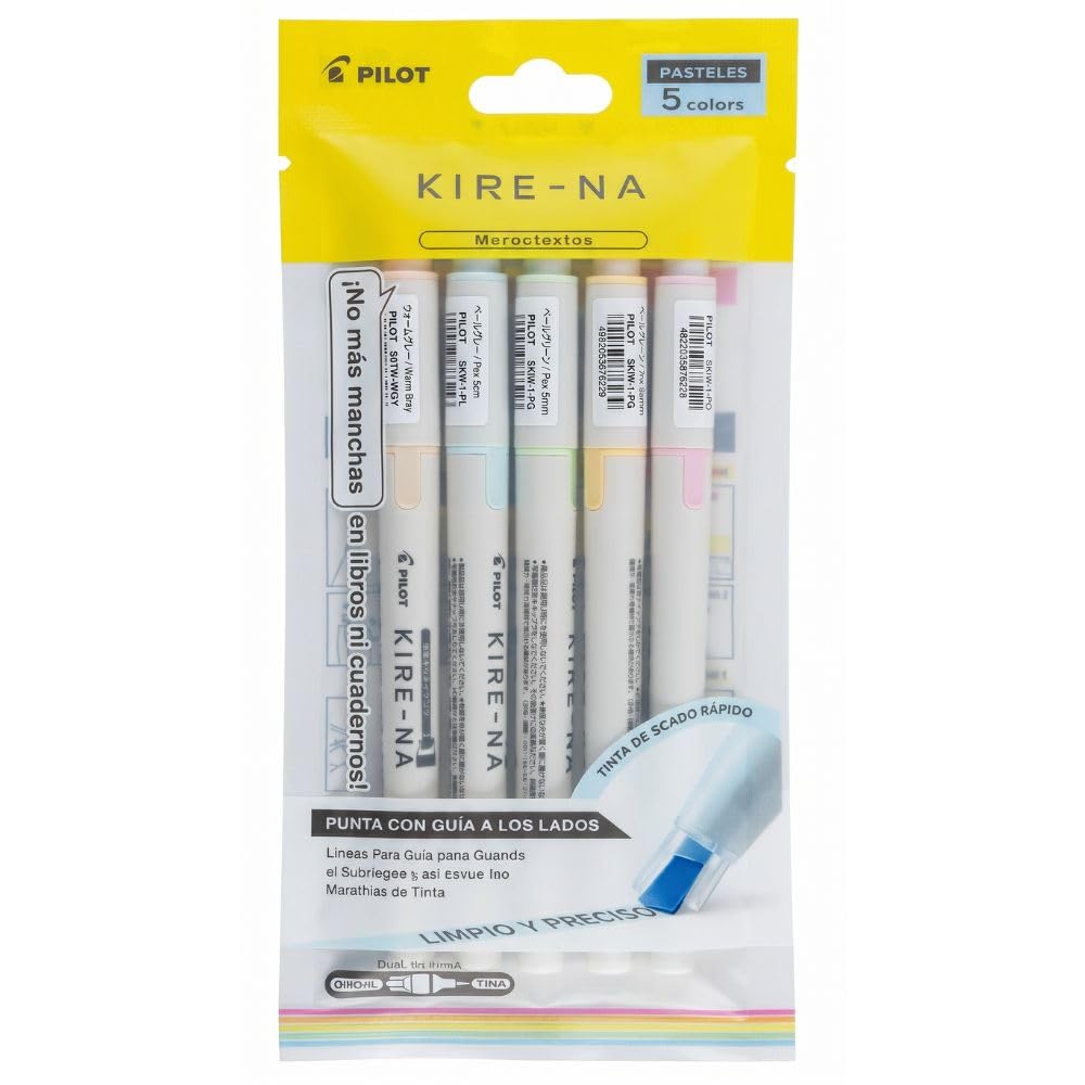 PILOT KIRE-NA Marcatextos 5 Colores Pasteles, Punta Doble con Guía, Secado Rápido, Líneas Precisas, Paquete de 5