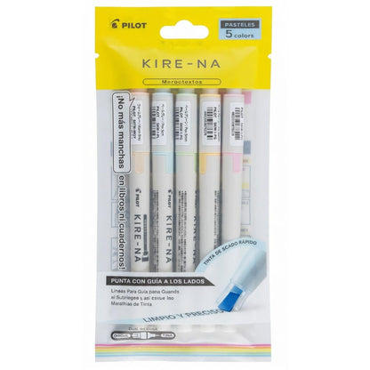 PILOT KIRE-NA Marcatextos 5 Colores Pasteles, Punta Doble con Guía, Secado Rápido, Líneas Precisas, Paquete de 5