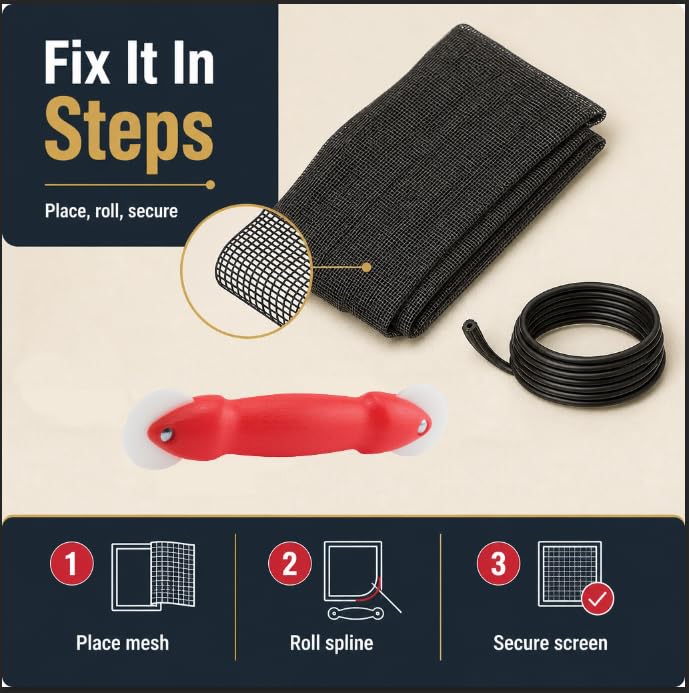 Make-2-Fit P 7515 - Kit de reparación de puerta con herramienta de rodadura - Reemplaza la pantalla en ventanas o puertas de patio, 36 x 84 pulgadas, gamuza de fibra de vidrio de carbón y estriado negro