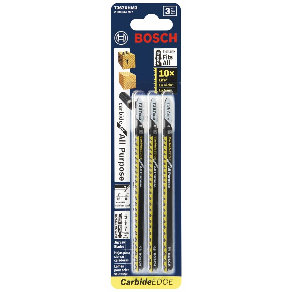 Bosch T367XHM3 5-7 TPI Carbide Edge T-Shank Jig Saw Blades for All-Purpose (3 Piece), 5-3/16"