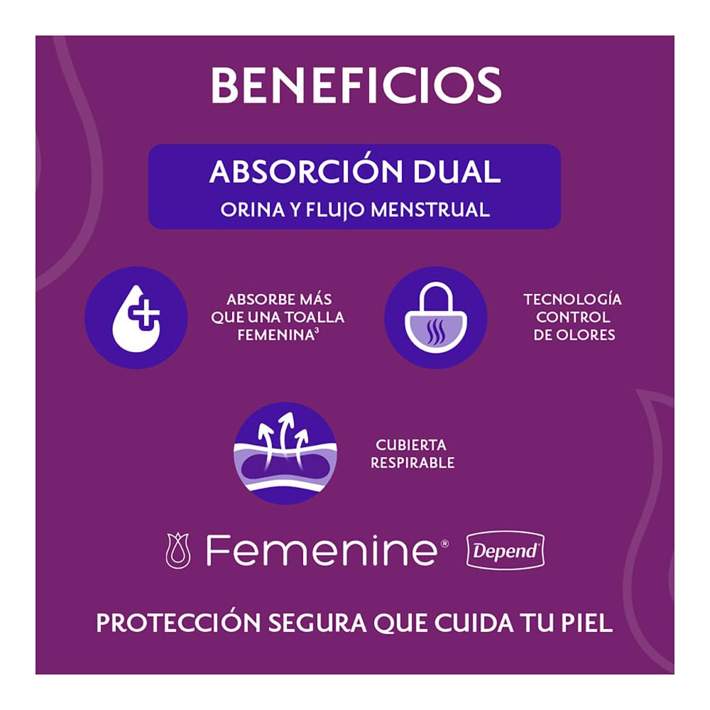 Depend Femenine Toalla para Incontinencia Súper, Caja con 18 Paquetes de 8 Piezas (144 Piezas). Tecnología 2 en 1: absorbe orina y flujo menstrual