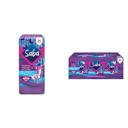Saba Ultra Invisible Buenas Noches, Toallas Nocturnas Con Alas, 22 Pzs + 30 Piezas, Grande, Pack De