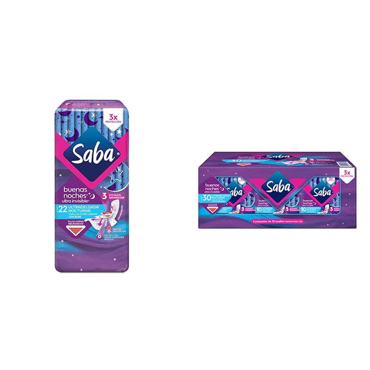 Saba Ultra Invisible Buenas Noches, Toallas Nocturnas Con Alas, 22 Pzs + 30 Piezas, Grande, Pack De