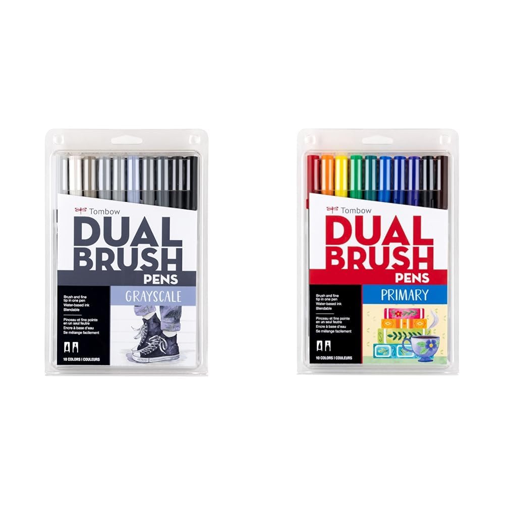 Tombow Dual Brush Pen Marcadores Artísticos de Doble Punta - Escala de grises - Paquete de 10 unidades - Marcadores Pincel de Acuarela + Rotuladores
