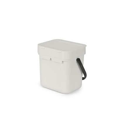 Brabantia Sort & Go - cubeta de basura para alimentos (0.8 gal/gris claro) pequeño para encimera de cocina con mango y tapa extraíble, fácil de limpiar