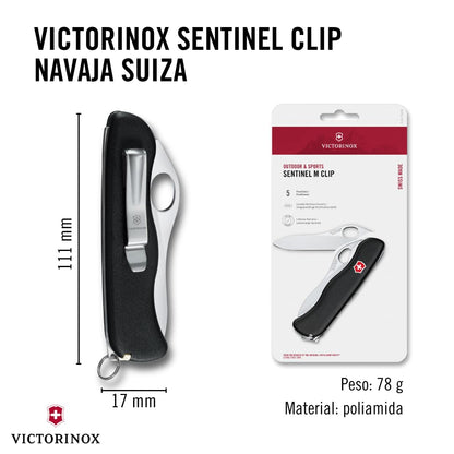 Victorinox Navaja Sentinel, Negra, 5 Usos | Cuchillo de bolsillo con apertura de una mano con clip de bolsillo, pinzas y palillo de dientes. Mango de poliamida de 111 mm