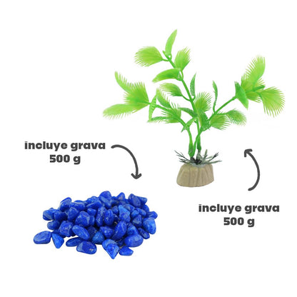 Lomas Kit Betera Azul 1.8 L para Peces, con Grava y Planta Decorativa