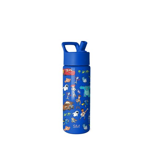Simple Modern Summit - Botella de agua con tapa de popote, vaso de acero inoxidable aislado de 532 ml, para niños y niñas, para la escuela, collage de Disney Pixar en fondo azul