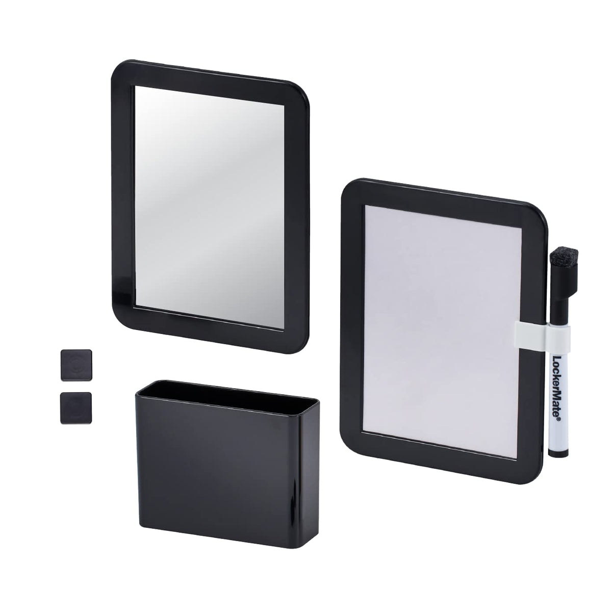 LockerMate Kit Organizador de 6 Piezas, Incluye Espejo, Pizarra Blanca, Taza de Almacenamiento y Marcador de borrado en seco, Negro