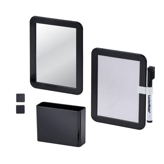 LockerMate Kit Organizador de 6 Piezas, Incluye Espejo, Pizarra Blanca, Taza de Almacenamiento y Marcador de borrado en seco, Negro