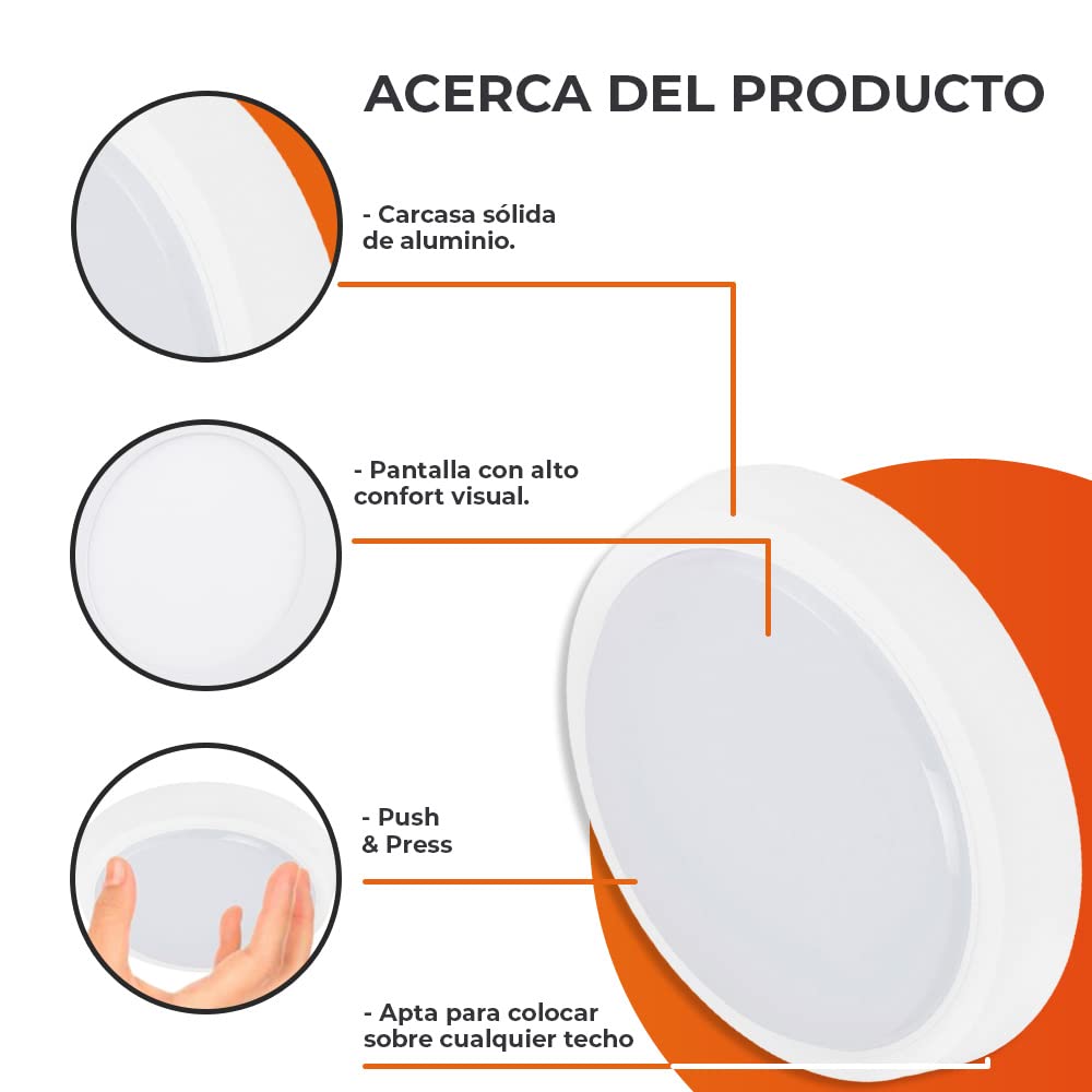 Tecnolite - Lámpara Plafón LED Techo 10 W, Luz de Día, Interiores, No atenuable, LED integrado