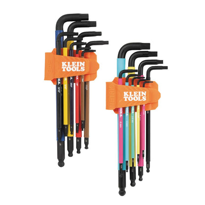 Klein Tools BLS18 Juego de llaves hexagonales con código de colores, SAE y métrico, tratado térmicamente, estilo L, brazo largo y extremo de bola, 1/16 pulgadas a 3/8 pulgadas y 1.5 mm a 10 mm, 18